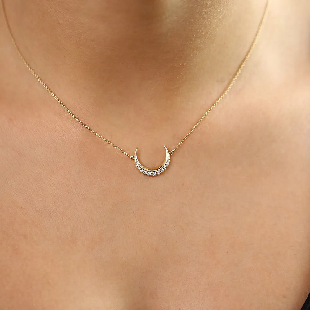 14K Gold Diamond Crescent Moon Necklace