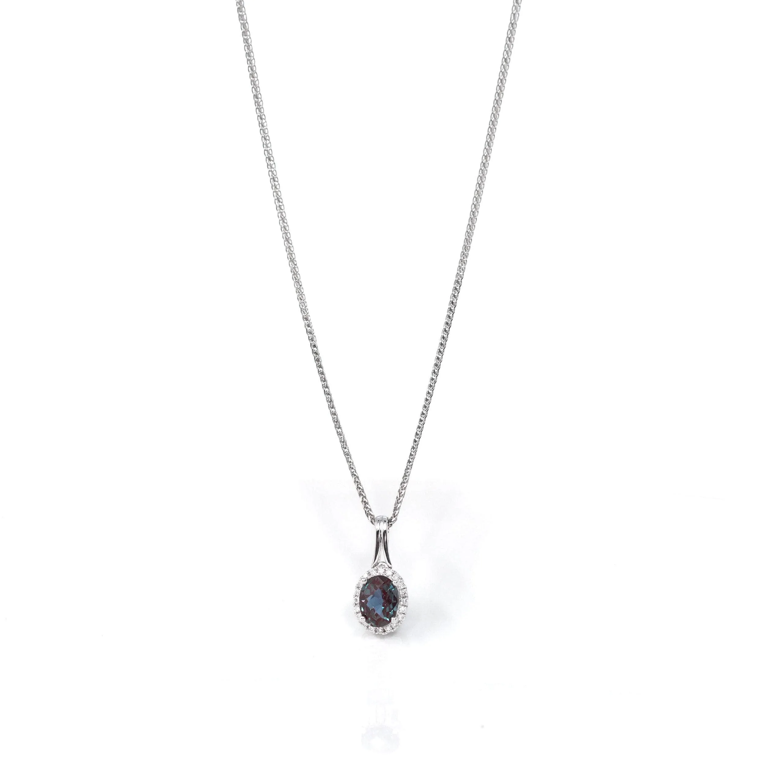 14k White Gold Lab Created Alexandrite Faceted Oval Prong Set Necklace With Diamonds