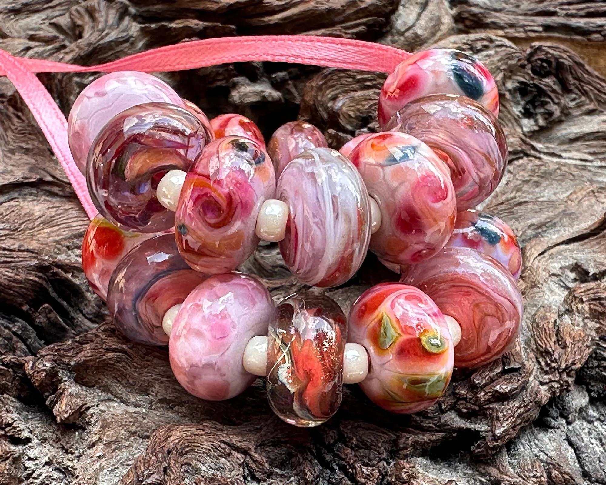 20 Coral Pink Mix Lampwork Beads Set SRA