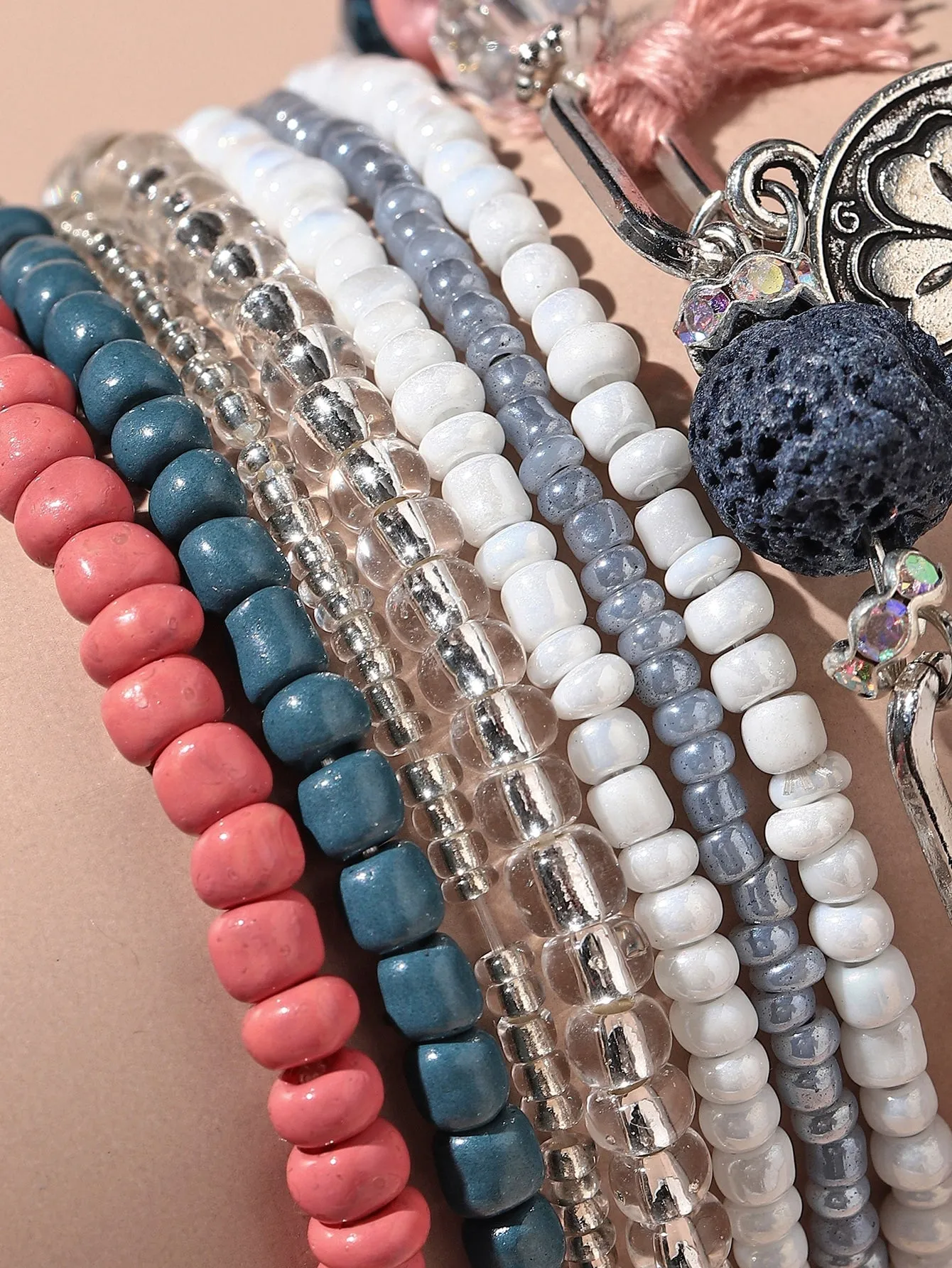 8pcs Tassel Charm Coral Pink Blue Beaded Bracelet Women Bracelet Stackable