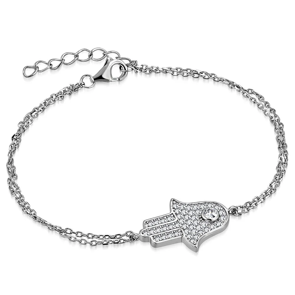 925 Sterling Silver Bezel-Set White Clear CZ Hamsa Hand Link Chain Bracelet