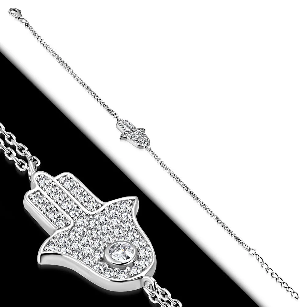 925 Sterling Silver Bezel-Set White Clear CZ Hamsa Hand Link Chain Bracelet