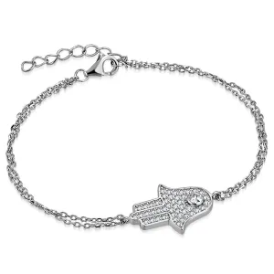 925 Sterling Silver Bezel-Set White Clear CZ Hamsa Hand Link Chain Bracelet