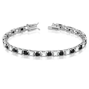 925 Sterling Silver White Clear Black Square CZ Tennis Bracelet, 7"