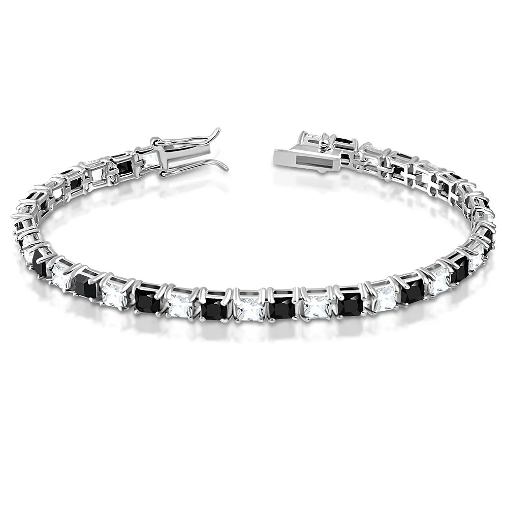 925 Sterling Silver White Clear Black Square CZ Tennis Bracelet, 7"