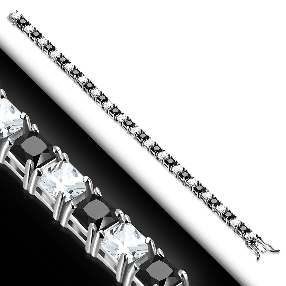 925 Sterling Silver White Clear Black Square CZ Tennis Bracelet, 7"
