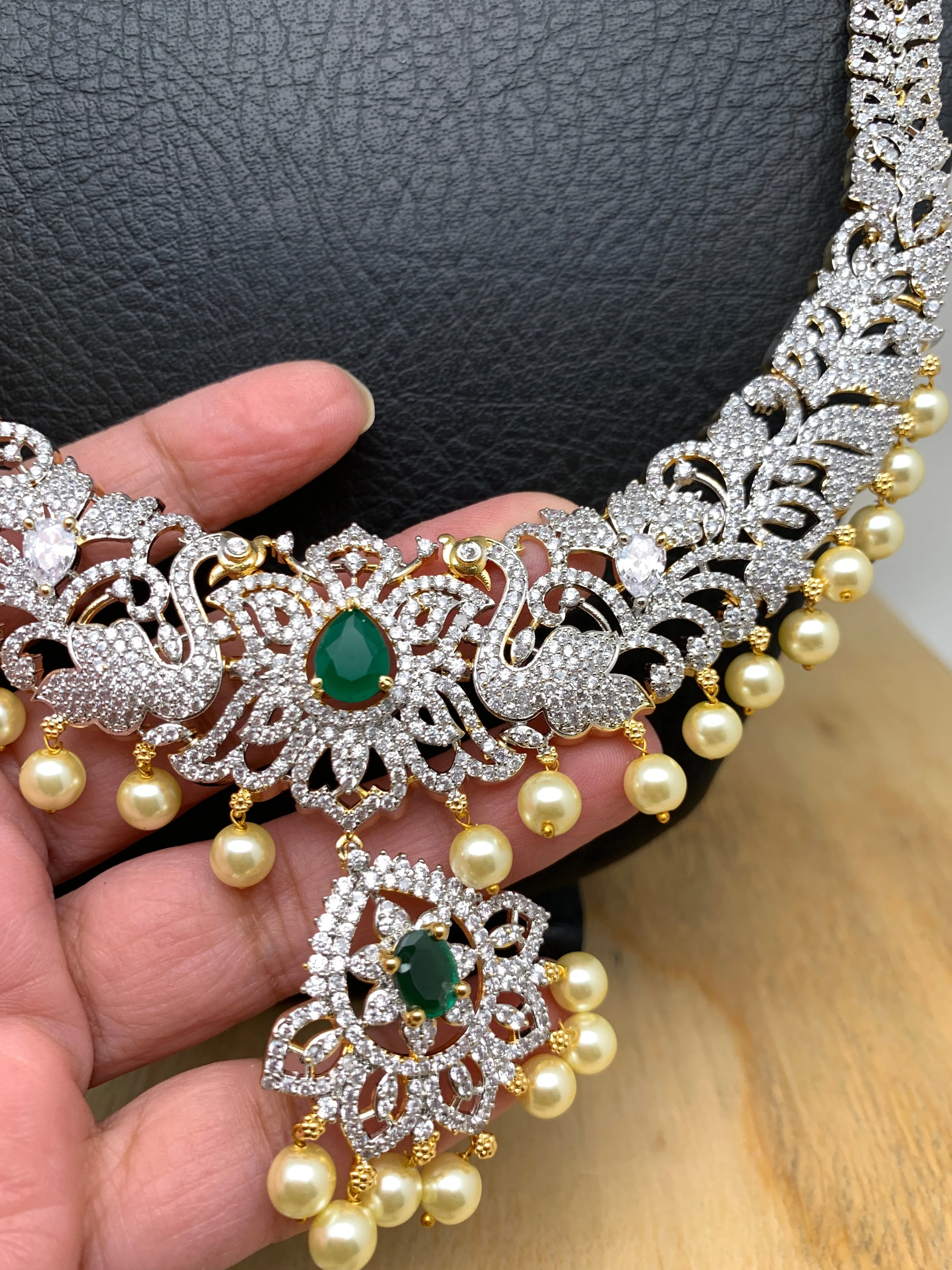 American Diamonds Ganga Jamuna Finish and Emrald Green Stone Pearls and CZ Stiff Long Necklace