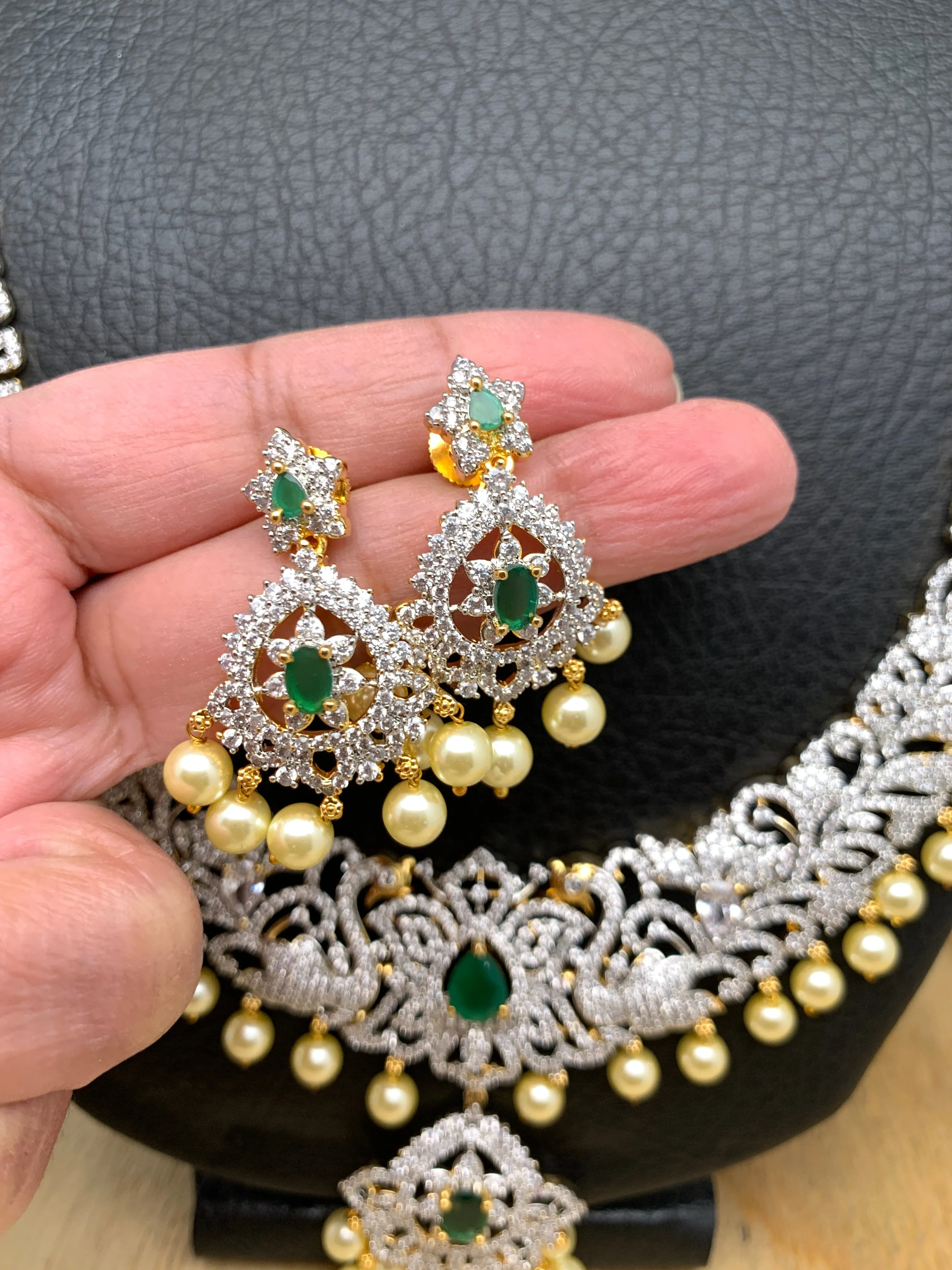 American Diamonds Ganga Jamuna Finish and Emrald Green Stone Pearls and CZ Stiff Long Necklace