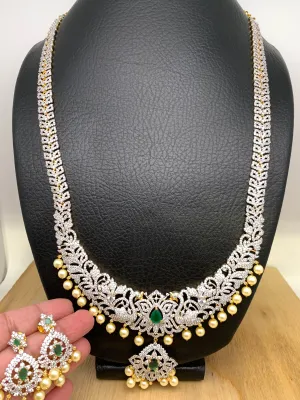 American Diamonds Ganga Jamuna Finish and Emrald Green Stone Pearls and CZ Stiff Long Necklace