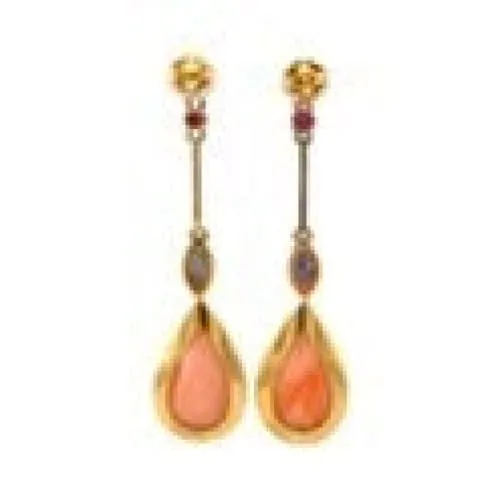 Angelskin Coral, Sapphire, Ruby & .12tcw Diamond Drop Earrings at Regard Jewelry in Austin, Texas