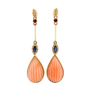 Angelskin Coral, Sapphire, Ruby & .12tcw Diamond Drop Earrings at Regard Jewelry in Austin, Texas