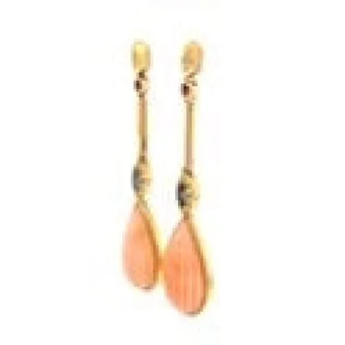 Angelskin Coral, Sapphire, Ruby & .12tcw Diamond Drop Earrings at Regard Jewelry in Austin, Texas