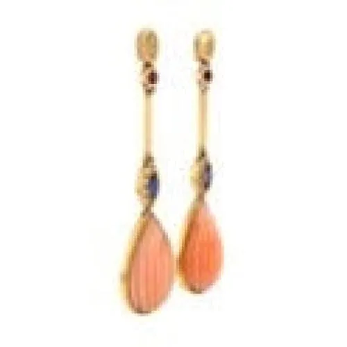 Angelskin Coral, Sapphire, Ruby & .12tcw Diamond Drop Earrings at Regard Jewelry in Austin, Texas
