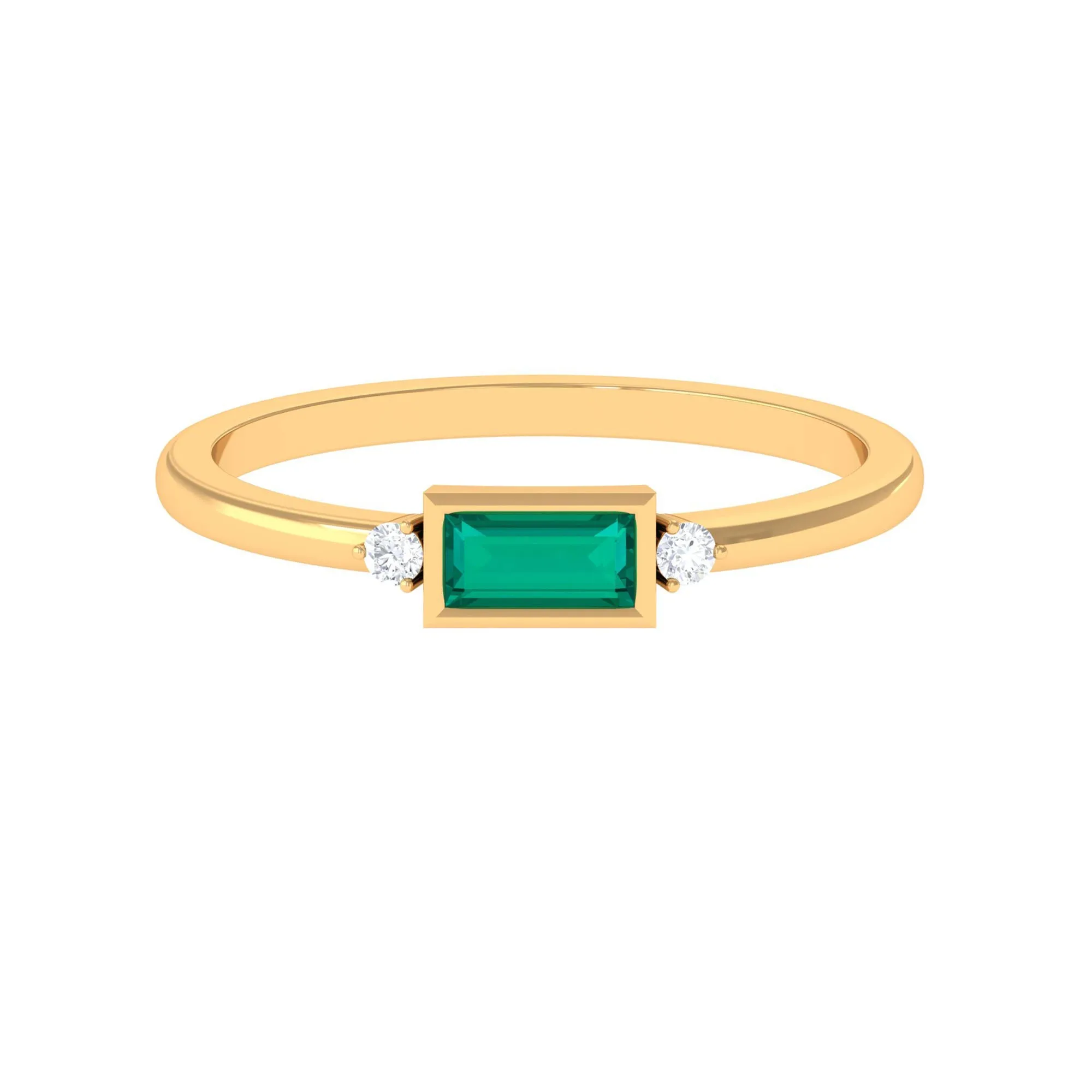 Baguette Cut Emerald East West Promise Ring with Diamond