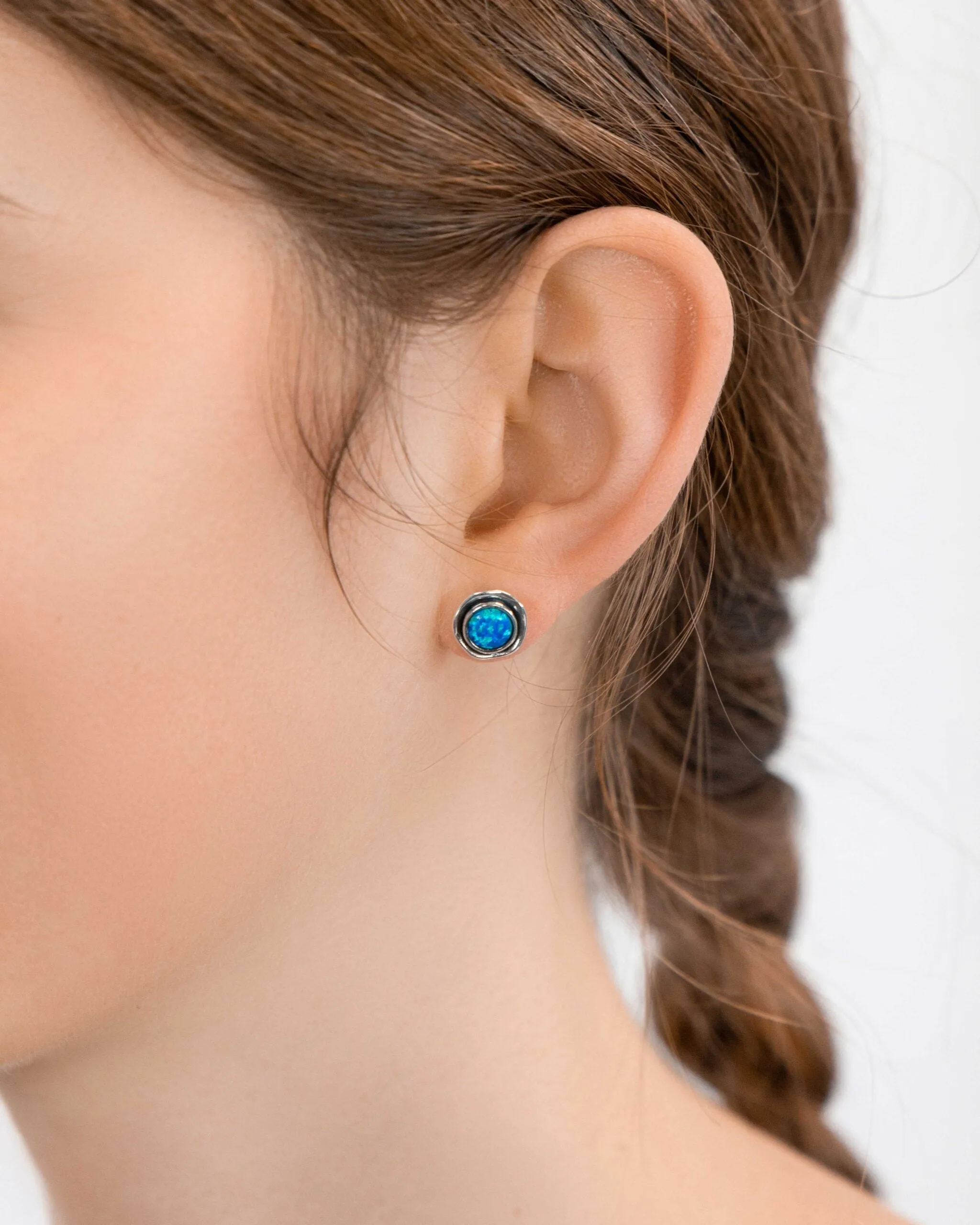 Banyan Waved Oxidized Silver Stud Earrings with Blue Opal