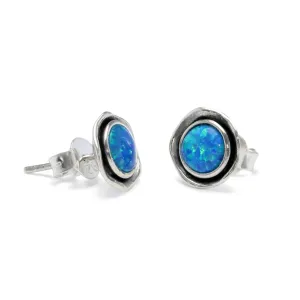 Banyan Waved Oxidized Silver Stud Earrings with Blue Opal