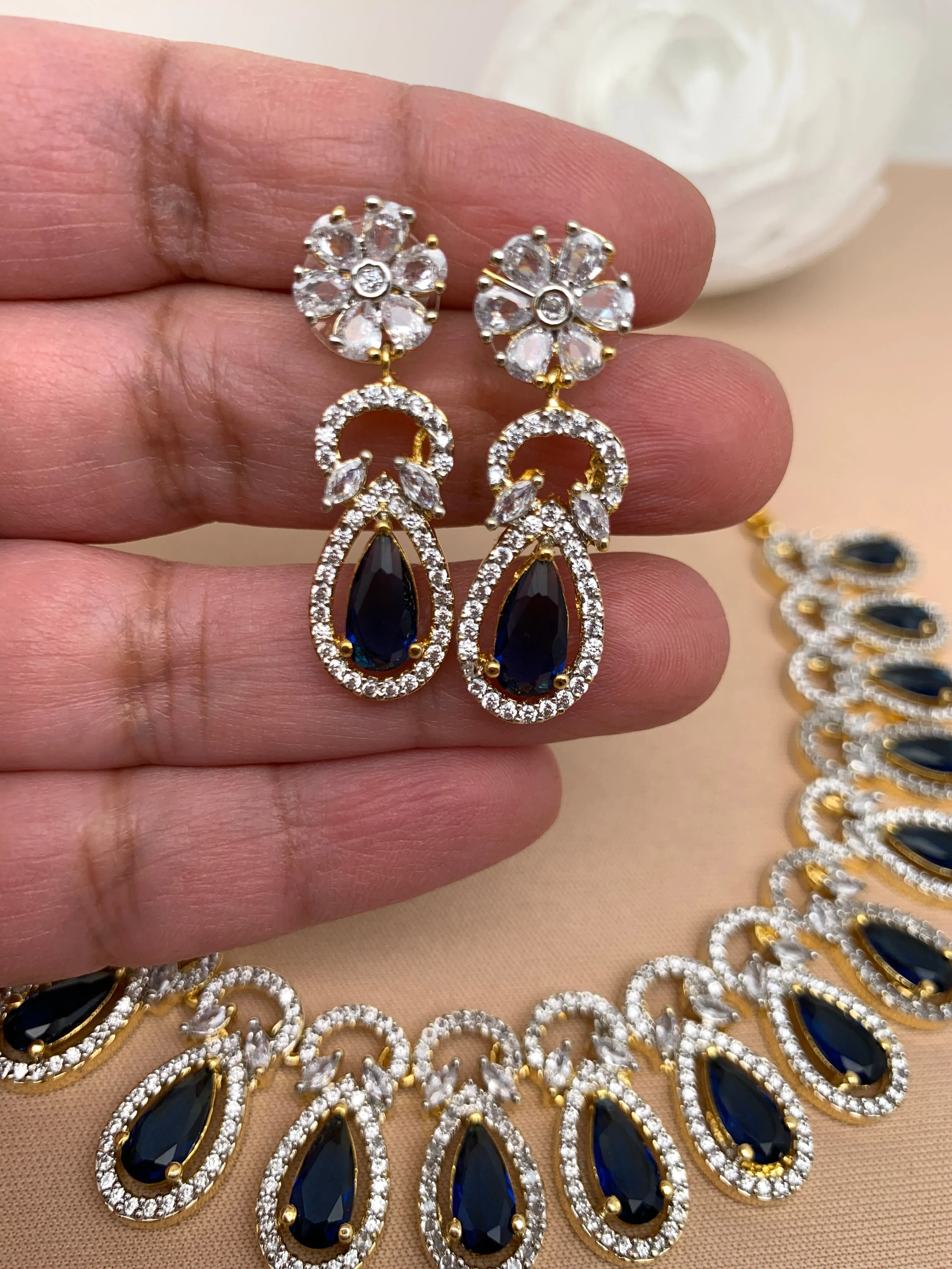 Blue Stone American Diamond Short Necklace