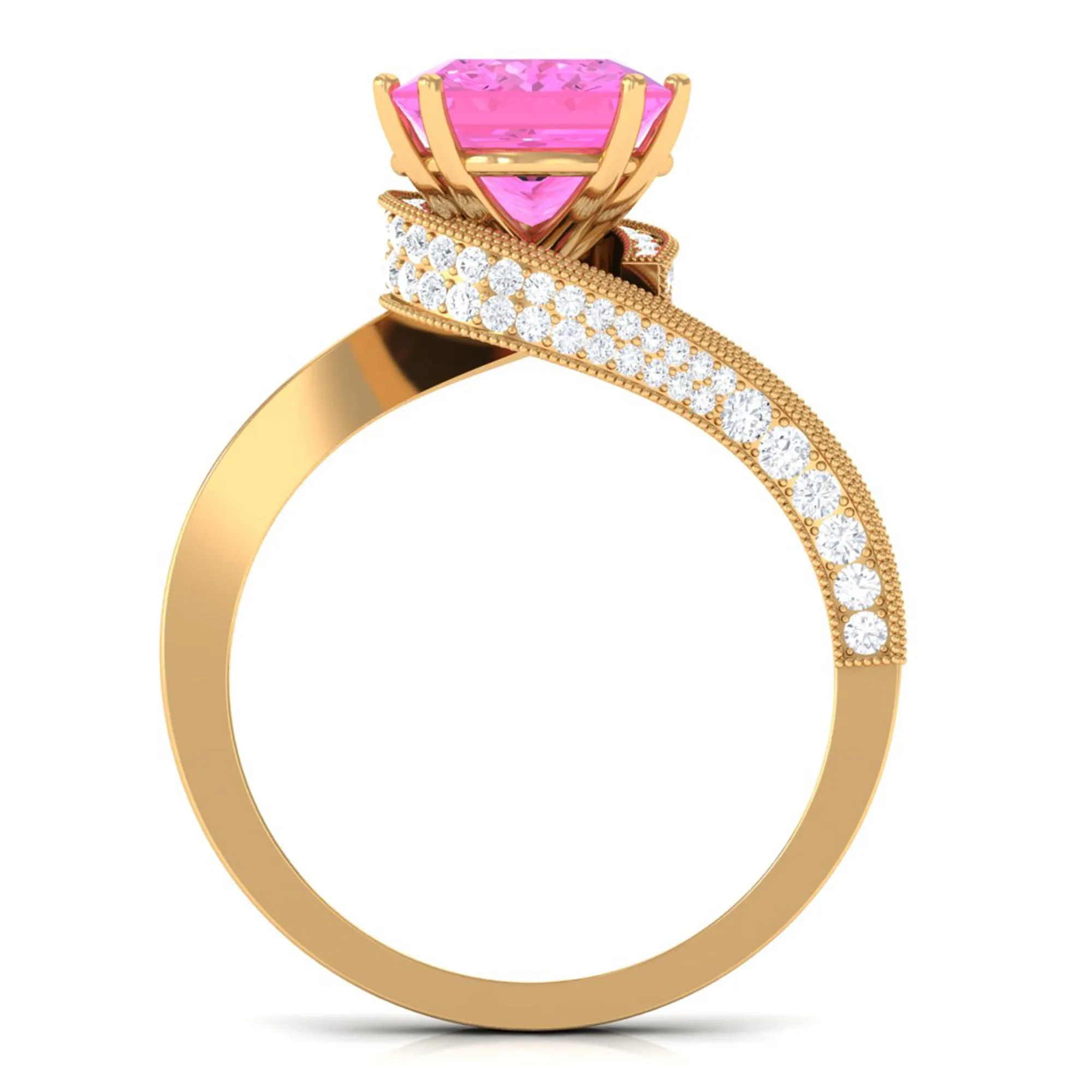 Created Pink Sapphire Solitaire Bypass Engagement Ring with Diamond