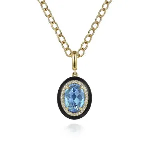 Diamond and Oval Shape Gemstone and Black Enamel Necklace