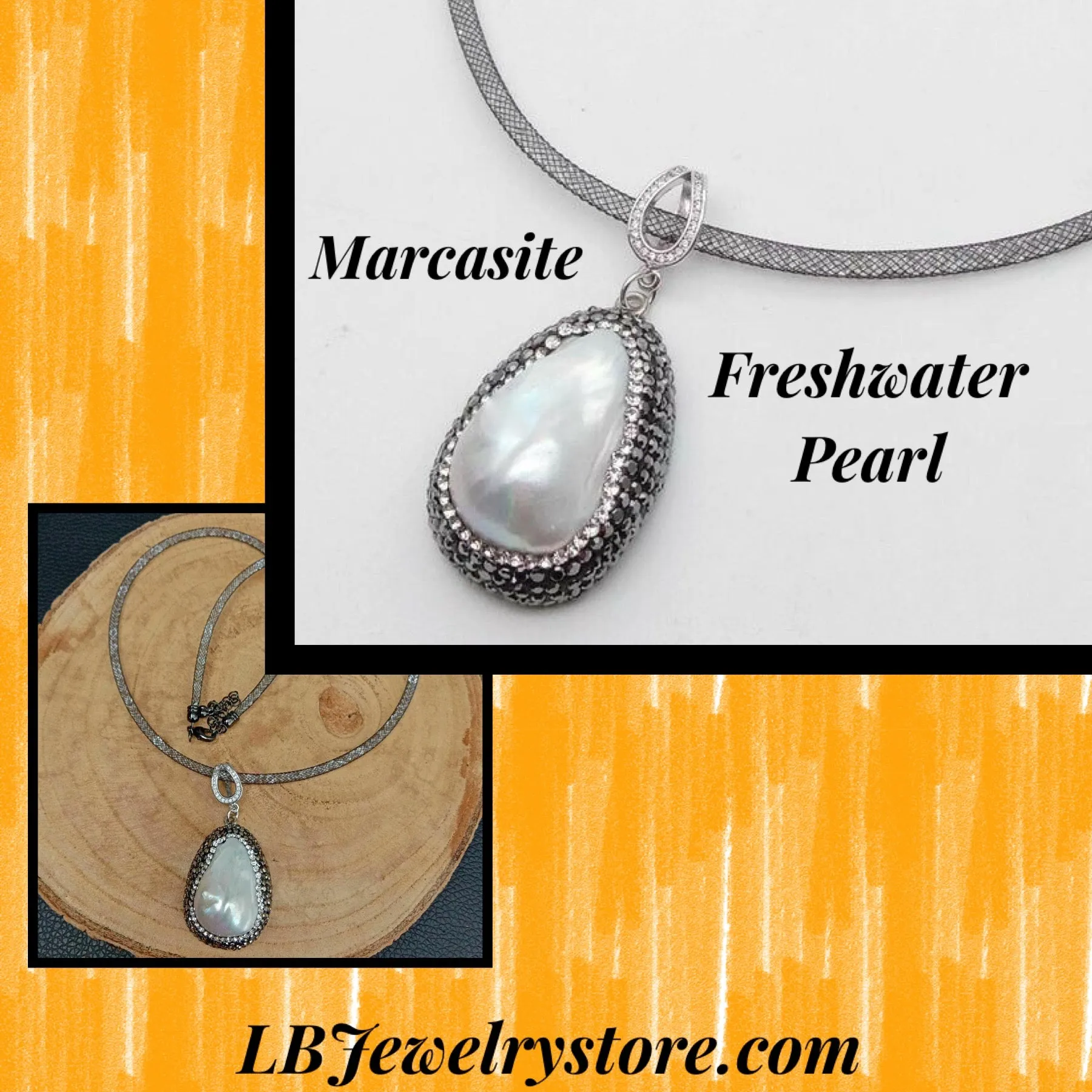 Distinctive Silver Mesh Necklace with Keshi Pearl Marcasite Pendant 19”