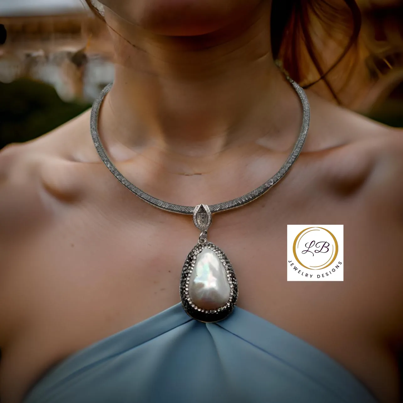 Distinctive Silver Mesh Necklace with Keshi Pearl Marcasite Pendant 19”
