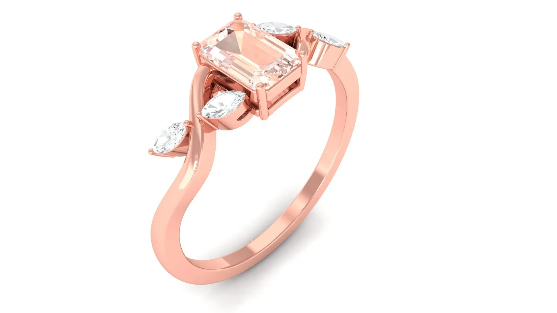 Emerald Cut Morganite and Diamond Solitaire Engagement Ring in Split Shank