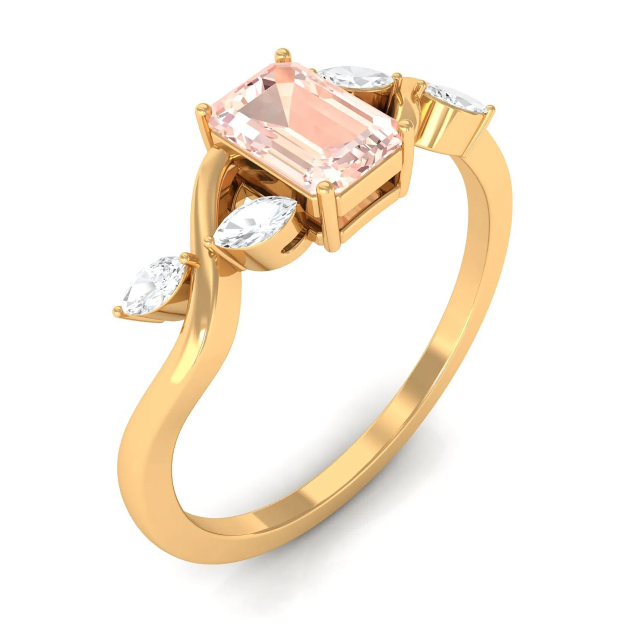 Emerald Cut Morganite and Diamond Solitaire Engagement Ring in Split Shank