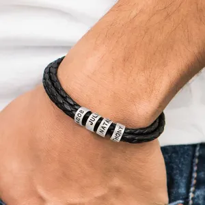 Engraved titanium Beads Leather Bracelet [Hot silver grey fox]