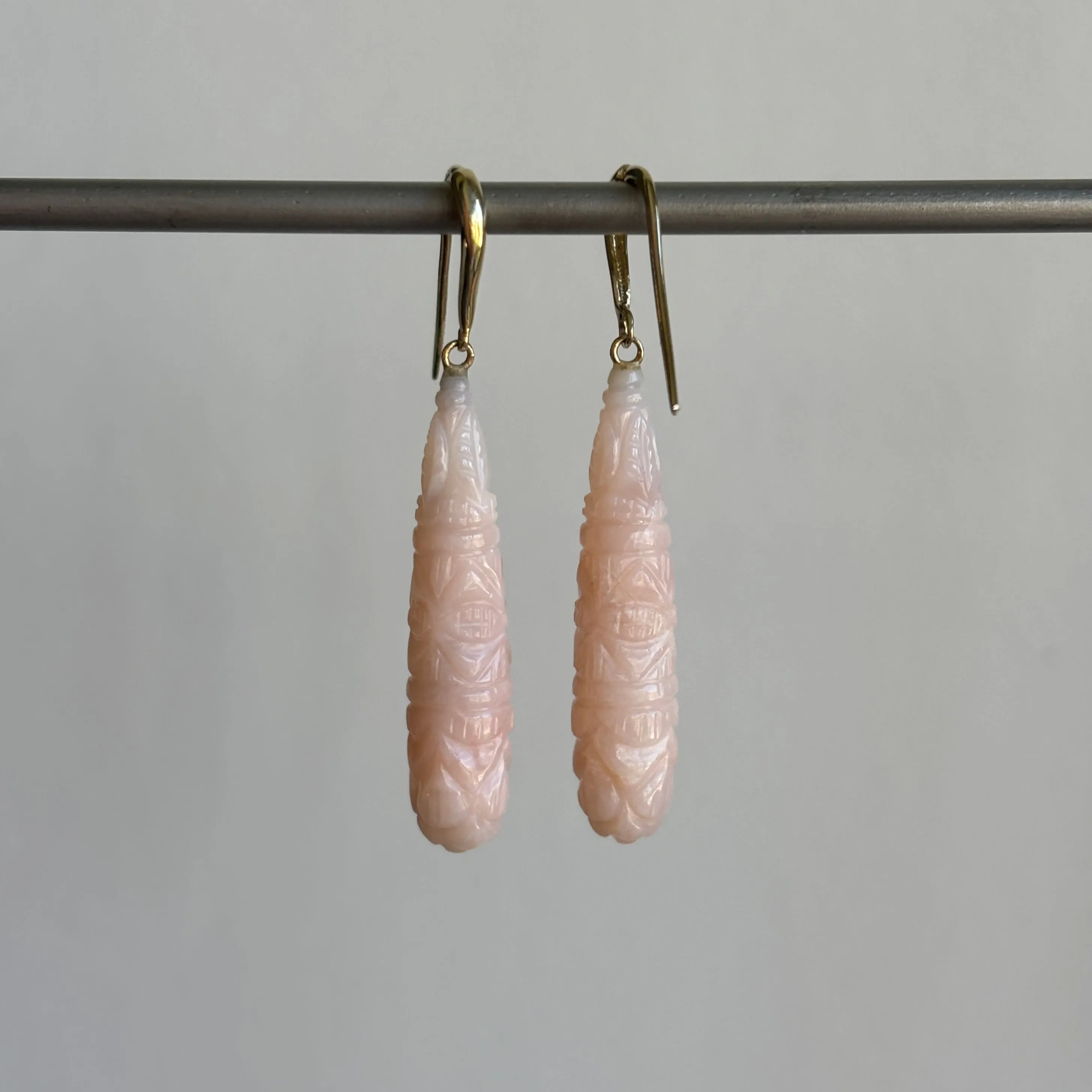 Hand Carved Pink Opal Pillar Earrings