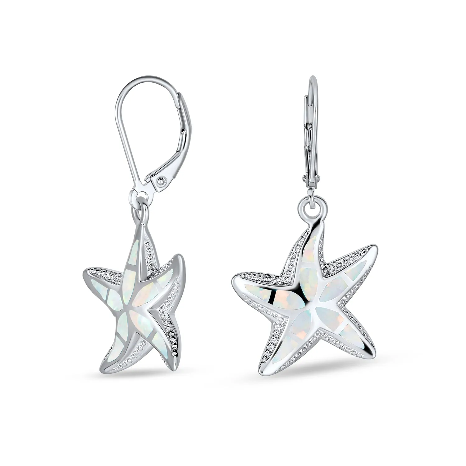 Iridescent Opal Starfish Dangle Gemstone Earrings Sterling Silver October Birthstone