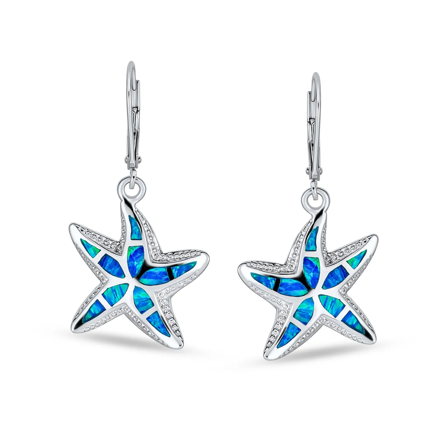 Iridescent Opal Starfish Dangle Gemstone Earrings Sterling Silver October Birthstone
