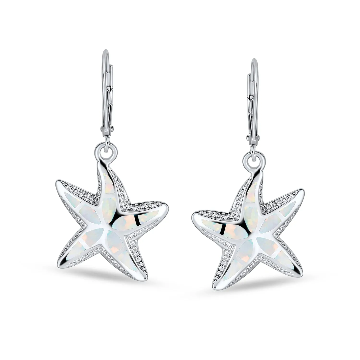 Iridescent Opal Starfish Dangle Gemstone Earrings Sterling Silver October Birthstone