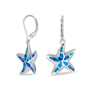 Iridescent Opal Starfish Dangle Gemstone Earrings Sterling Silver October Birthstone