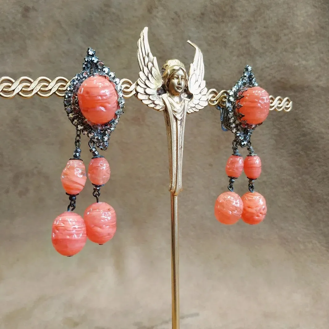 Miriam Haskell Coral Glass Drop Earrings