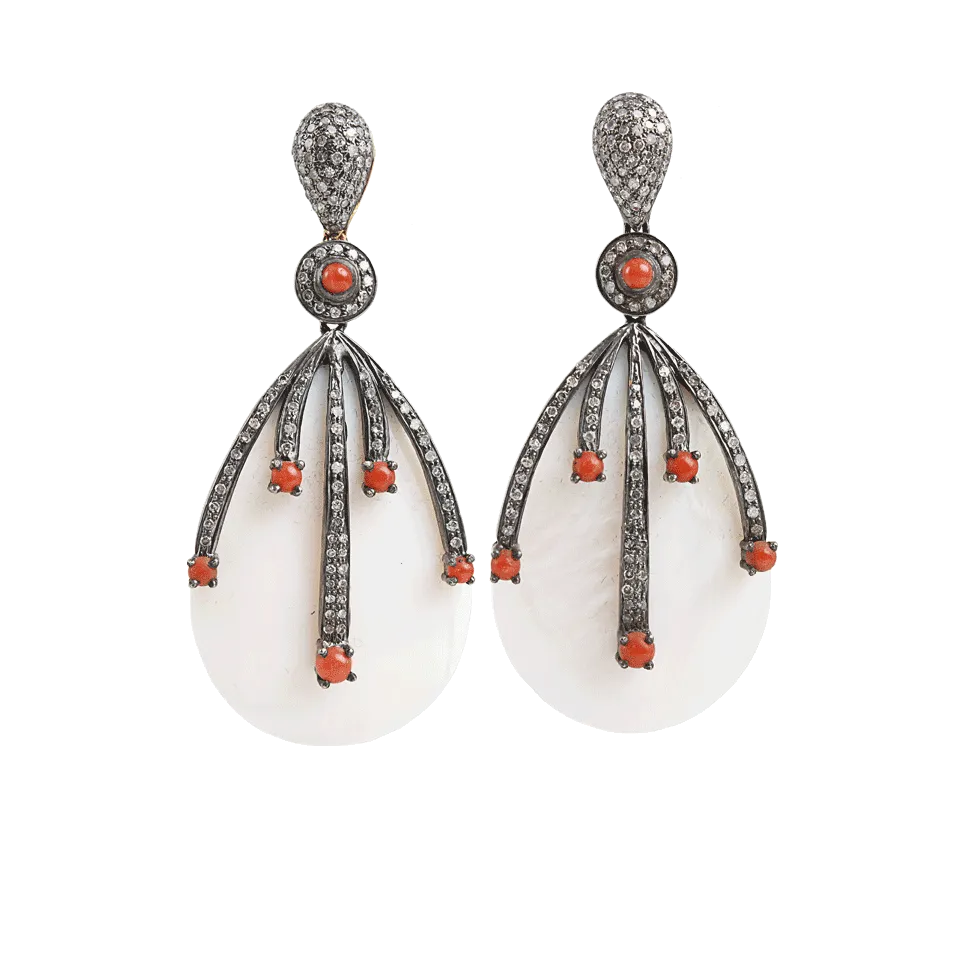Mother of Pearl, Diamond and Coral Drop Earrings