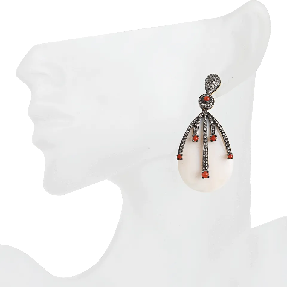 Mother of Pearl, Diamond and Coral Drop Earrings
