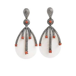 Mother of Pearl, Diamond and Coral Drop Earrings