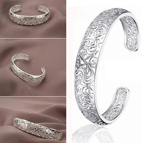 Open Bangle Bracelets for Women | Bezel Hollow Open Cuff Bangle | Silver Cuff Bracelet | Open Cuff Bangle | Women Stainless Steel Bracelet