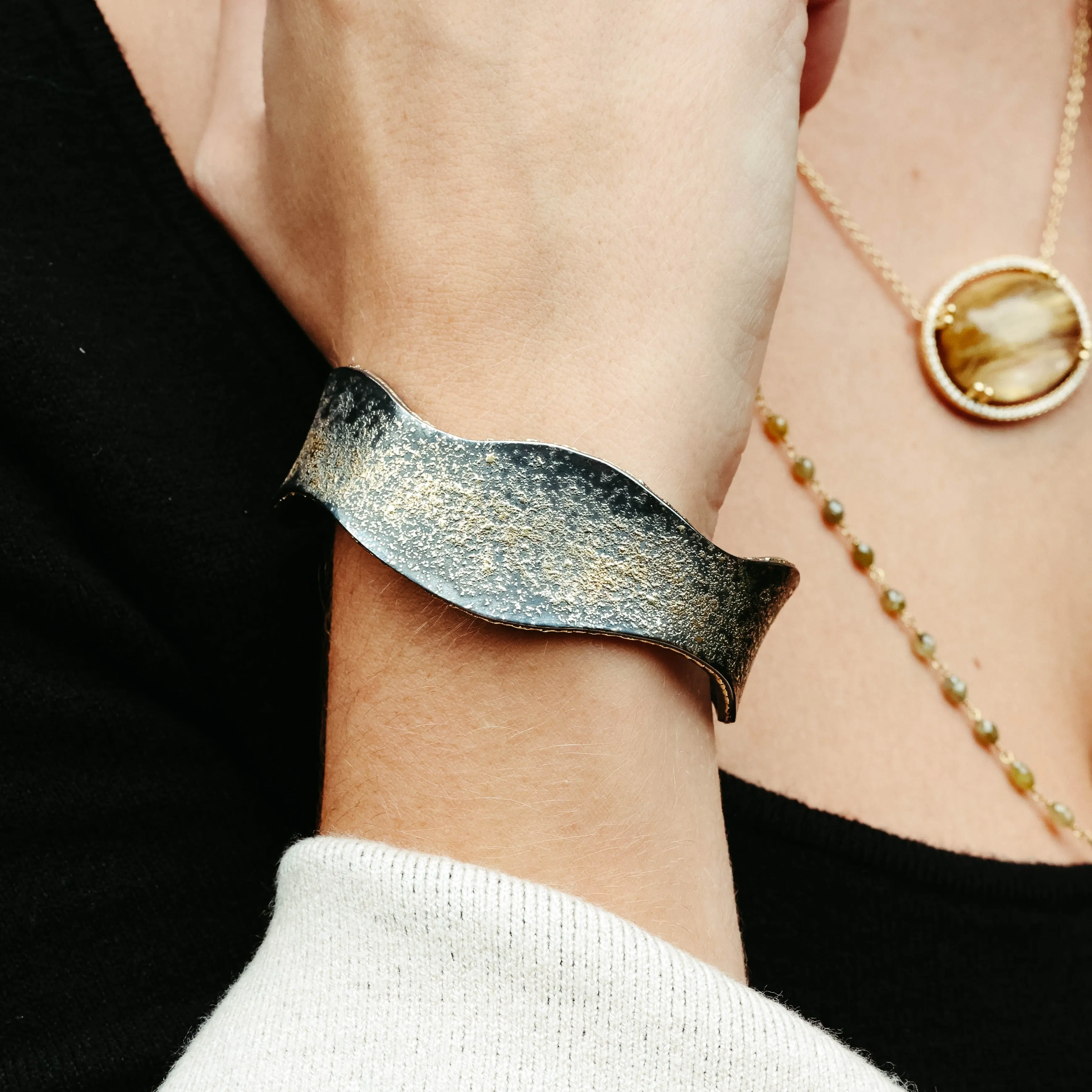 Oxidized Sterling Silver and 24k Gold Wavy Cuff Bracelet