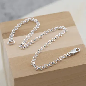 Silver Rolo Anklet bracelet 9.5 inches, Unisex Custom Cut to length Chain