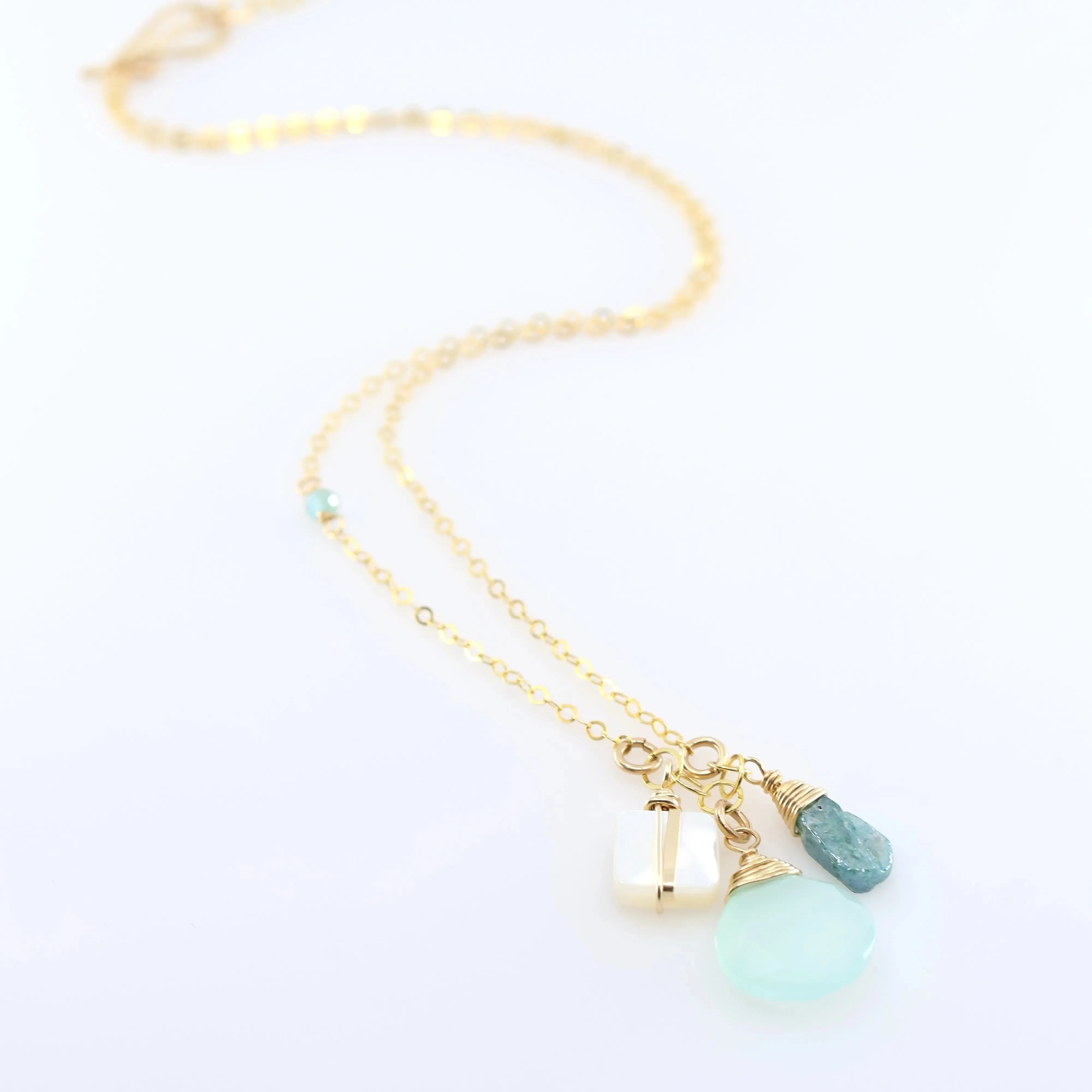 Small Gemstone Cascade Necklace with Aqua Chalcedony & Mother of Pearl