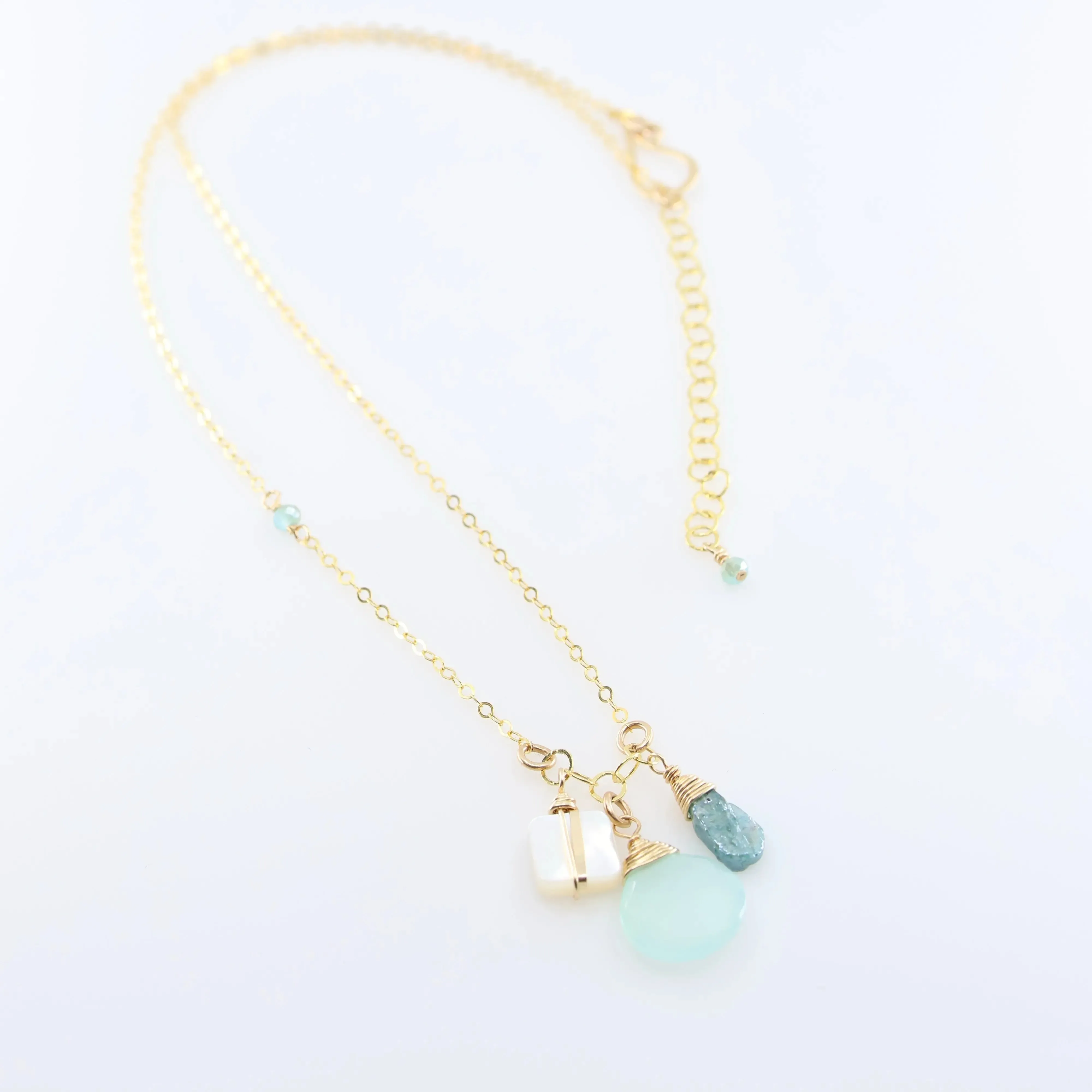 Small Gemstone Cascade Necklace with Aqua Chalcedony & Mother of Pearl