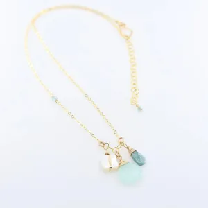 Small Gemstone Cascade Necklace with Aqua Chalcedony & Mother of Pearl