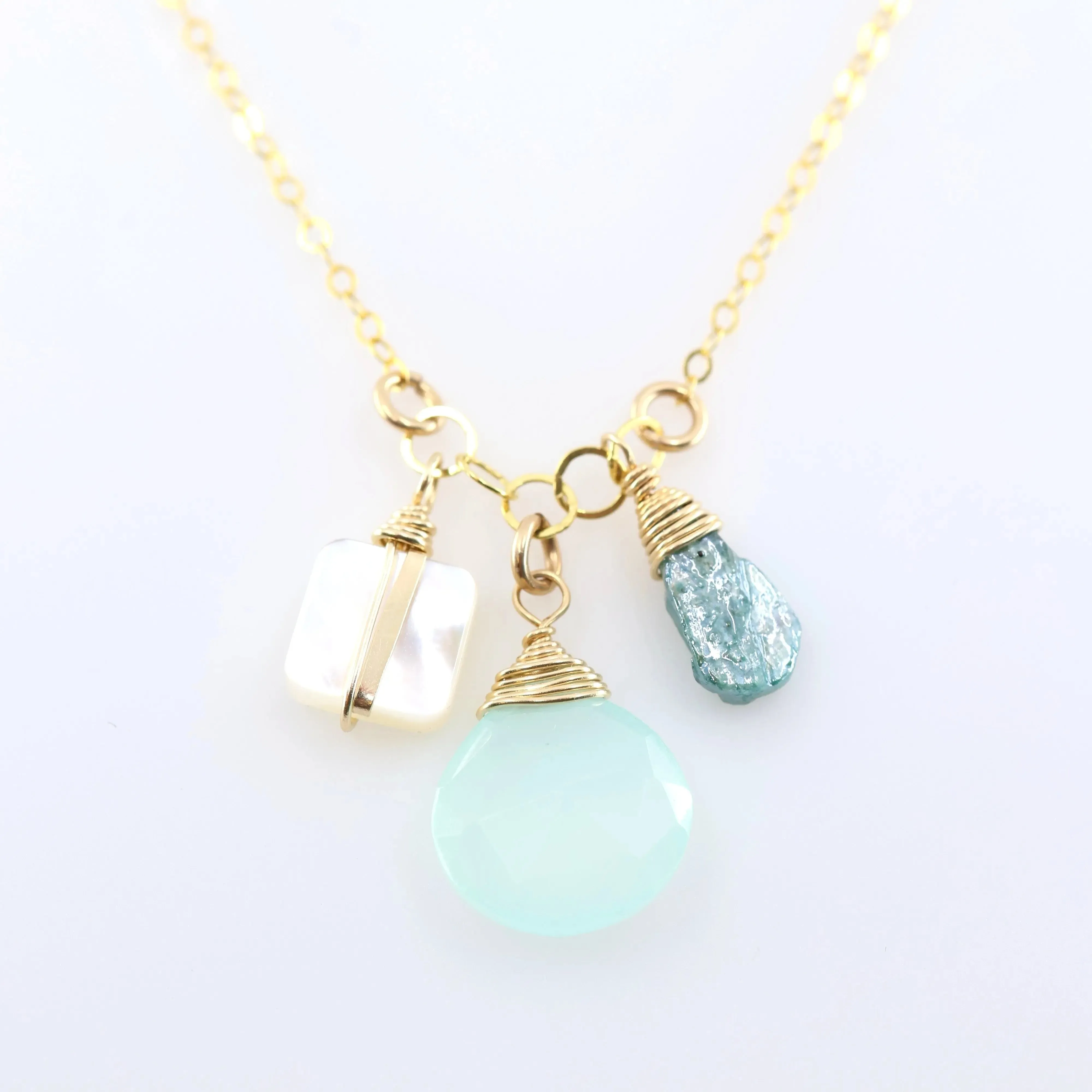 Small Gemstone Cascade Necklace with Aqua Chalcedony & Mother of Pearl