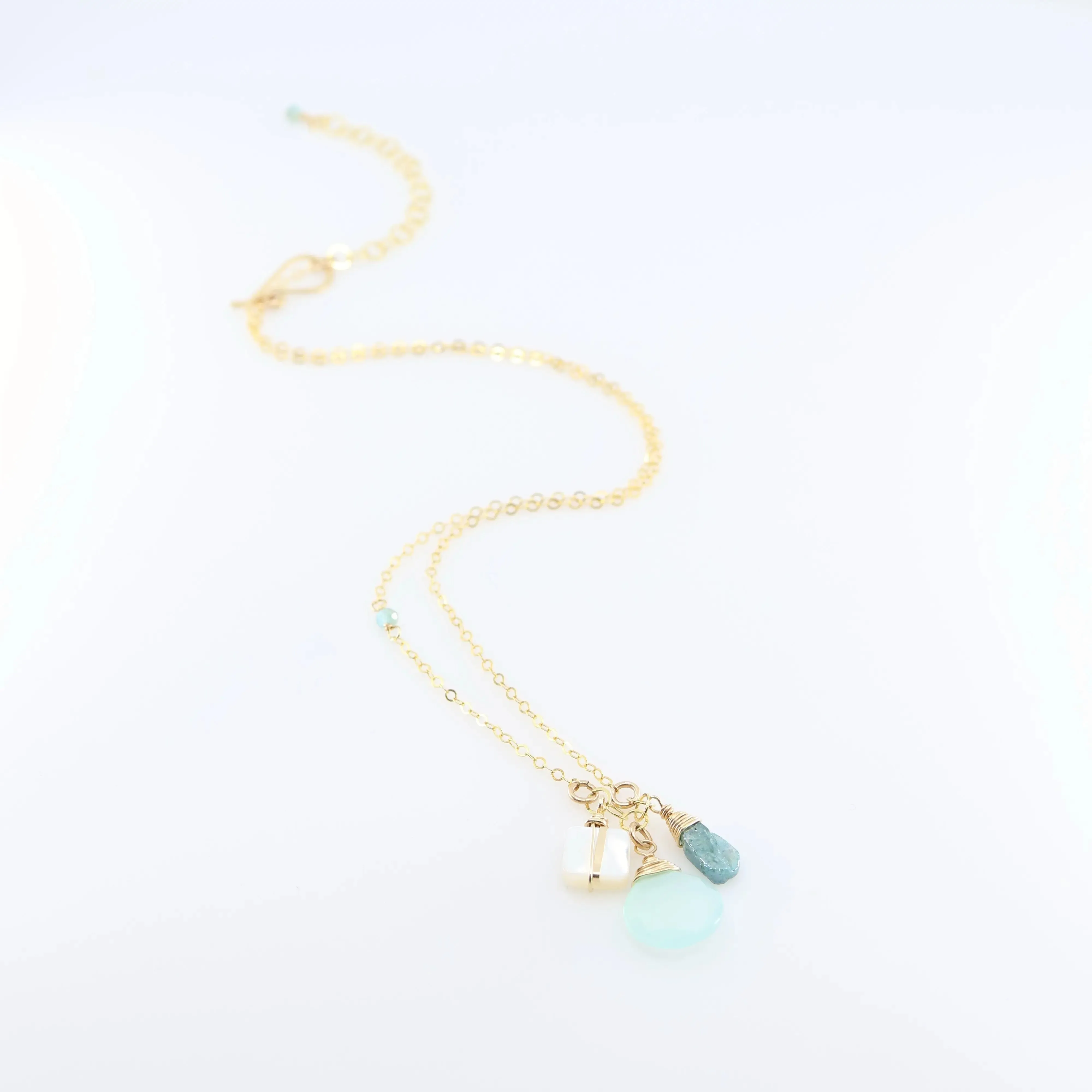 Small Gemstone Cascade Necklace with Aqua Chalcedony & Mother of Pearl