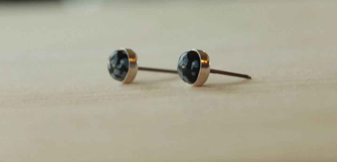 Snowflake Obsidian Bezel Gemstones (Niobium or Titanium Post Earrings)