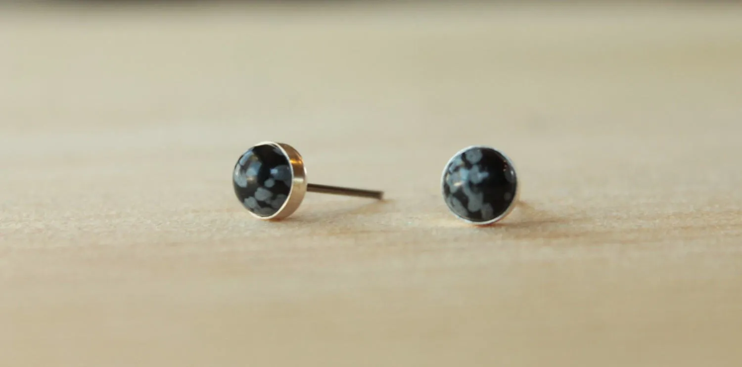 Snowflake Obsidian Bezel Gemstones (Niobium or Titanium Post Earrings)