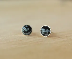 Snowflake Obsidian Bezel Gemstones (Niobium or Titanium Post Earrings)