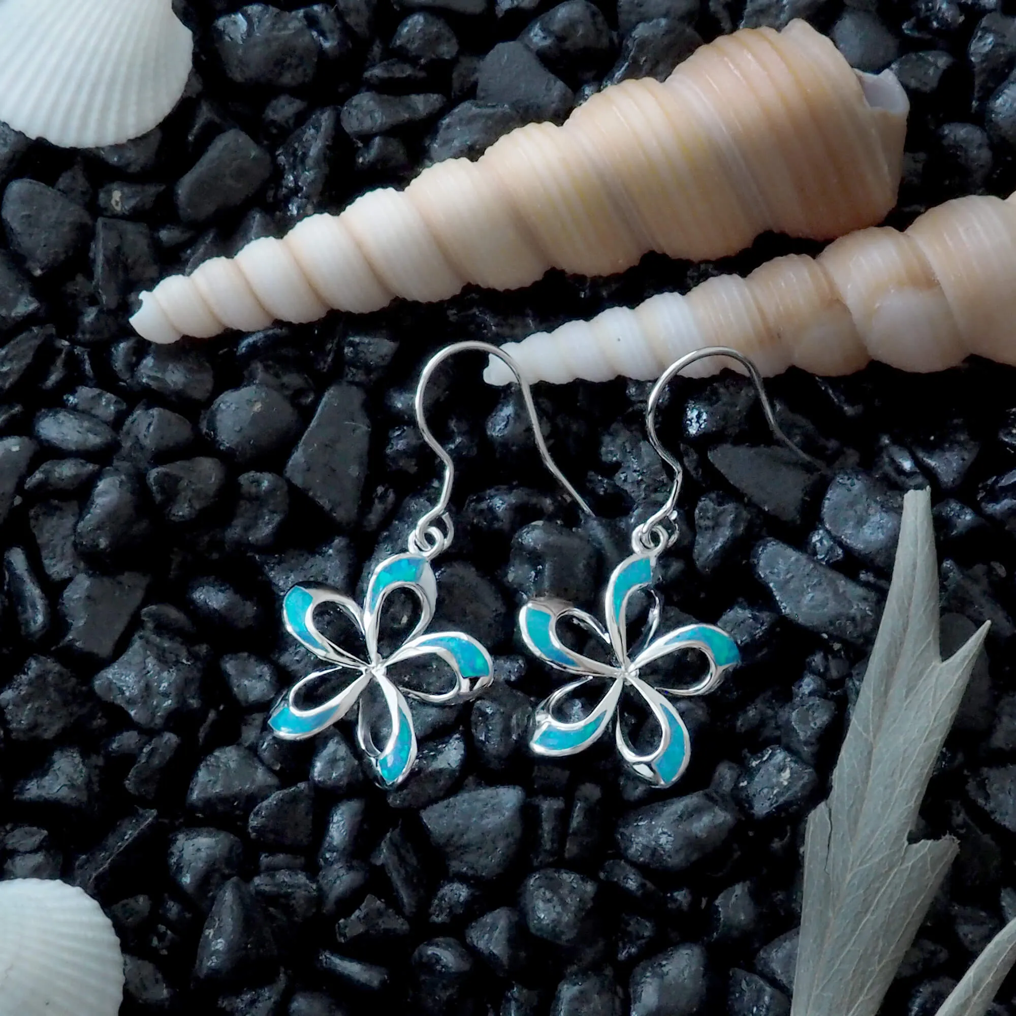 Sterling Silver Synthetic Blue Opal Open Plumeria Dangle Earrings