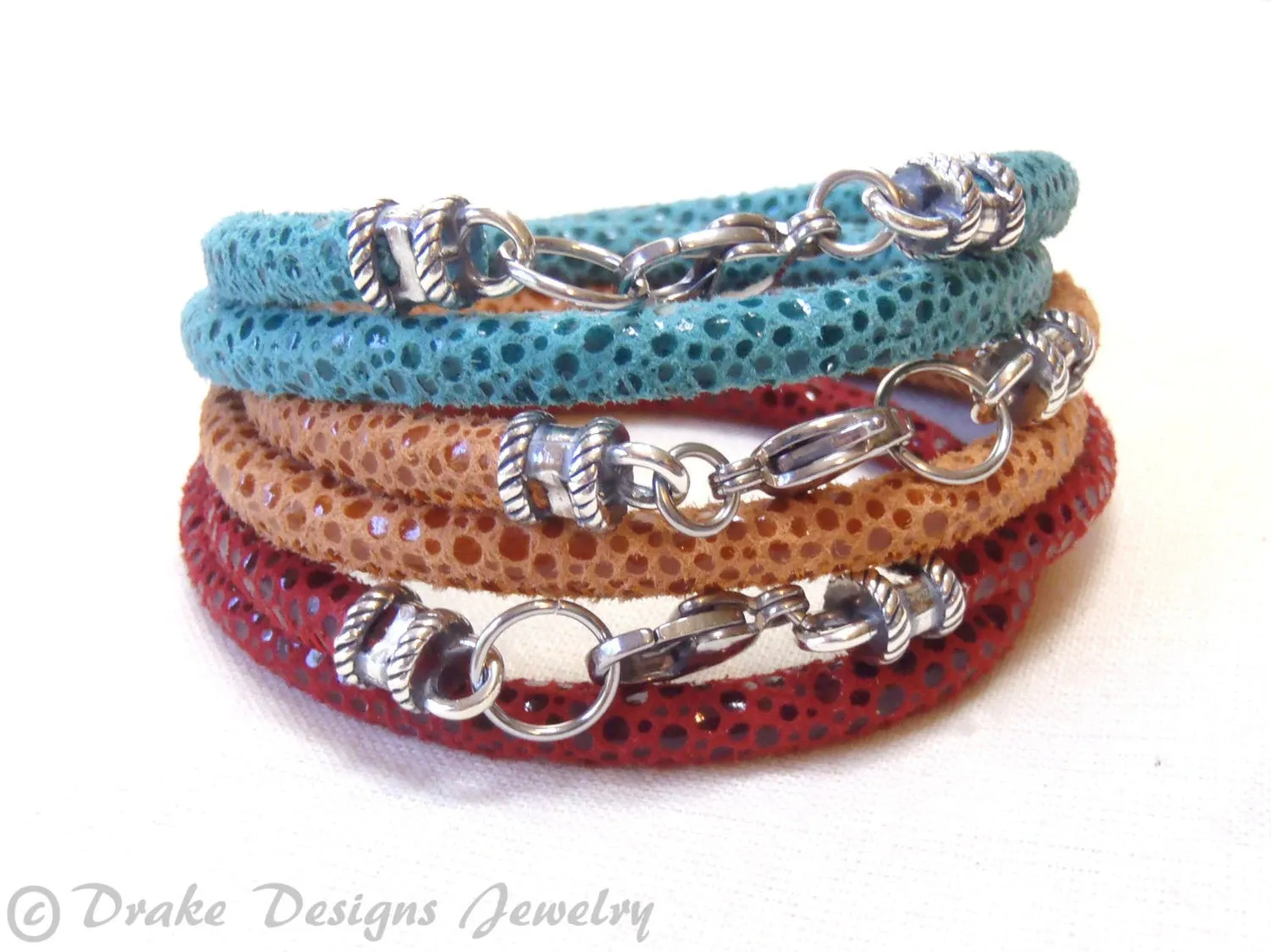 turquoise, red or orange Leather wrap bohemian Bracelet